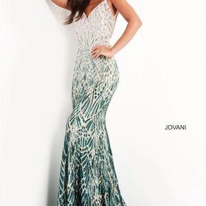 Jovani Emerald and Ivory Sequin Dress